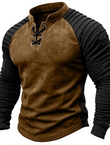  Per uomo Maglietta Maglia Henley Manica Lunga Collo alla coreana Autunno Inverno Primavera & Autunno Blocco di colori Vintage Quotidiano Casual Allacciato All'aperto Casual Casuale Marrone Scuro
