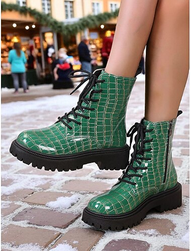  Botas militares con estampado de cocodrilo verde para mujer: botines con cordones de moda para estilo urbano, exterior y otoño.