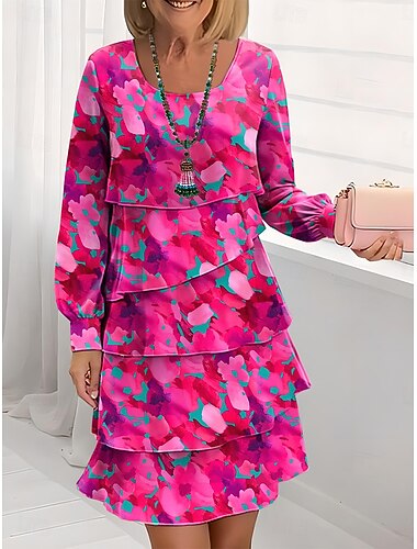  Dame Knelang kjole Uformell kjole Chiffonkjoler Skiftkjole Elegant Ferie Stilfull Normal Blomstret Langermet Crew-hals Rosa Blå Grønn Sommer Vår Høst Vinter