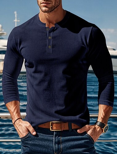  Homme T-shirt Chemise en velours côtelé manche longue Uni Bande de Fosse Couleur Pleine Mode Designer Basique Boutonner Henley Vacances Rue Occasionnel Printemps Automne Hiver Noir Blanche bleu marine
