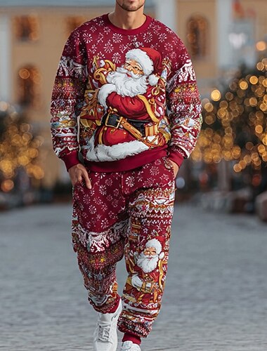  Jul Herre julemanden 2stk 3D sweatshirt sæt Træningsdragt Pullover sweatshirt Langærmet Lange bukser Rund hals Afslappet Hverdag Afslappet Afslappet 3D-udskrivning Forår Efterår Vinter Rød 1 Rød 4