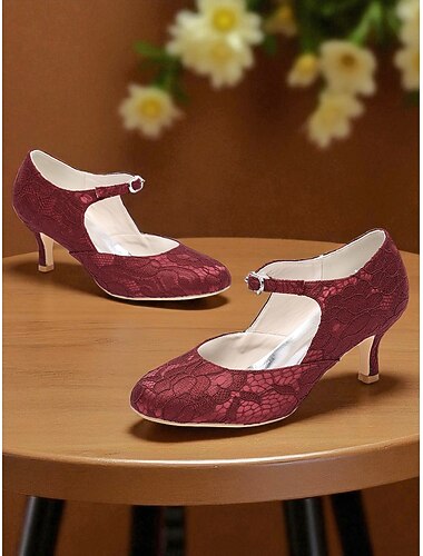  Women's Burgundy Lace Mary Jane Heels with Kitten Heel and Rhinestone Buckle - 1920s Elegant Retro Shoes for Ladies, Ideal for Weddings, Dance Parties & Formal Occasions
