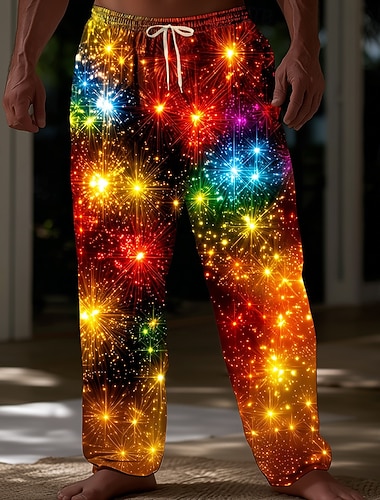  Weihnachten Herren Funkelnder Glitzer Weihnachtslicht Jogginghose Hosen Hose Freizeithose Mittlere Taille Kordelzug Elastischer Bund Lässig Outdoor Ferien Gerade Hosen Frühling Herbst 3D-Druck Orange