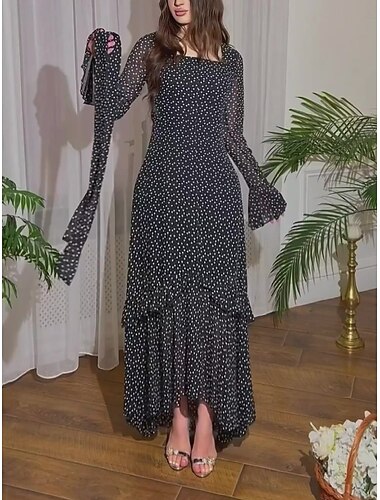  Damen Maxikleid A Linie Kleid Lässig Täglich Normale Passform Tupfen Langarm Quadrathals Schwarz Frühling Herbst