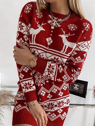  Γυναικεία Μίνι φόρεμα Φορέματα σε υφή από πολυ-βαμβάκι Χριστουγεννιάτικο φόρεμα Φόρεμα πουλόβερ Μοντέρνα Χριστούγεννα ΕΞΩΤΕΡΙΚΟΥ ΧΩΡΟΥ Καθημερινά Κανονικό Φλοράλ Μακρυμάνικο Στρογγυλή Ψηλή Λαιμόκοψη