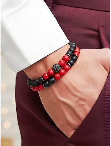  Herren-Weihnachtsgeschenk: Armbandset aus Natursteinperlen, mehrfarbig, einzigartige matte und polierte Steine, stilvolles Accessoire für Weihnachtsfeiern, Freizeitkleidung und festliche Anlässe.