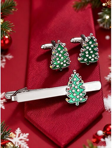  Miesten joulukuusenväriset kalvosinnapit ja solmioneula - juhlava korusetti vihreällä emalilla ja kristallikoristeilla joulujuhliin ja erityistilaisuuksiin