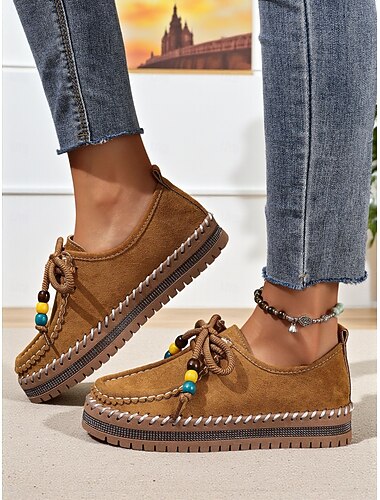  Dames Bruine Moccasin Loafers met Strass Antislipzool Casual Comfort Rij schoenen voor Dagelijks Gebruik en Reizen