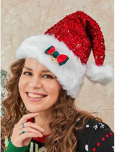 Cappello da Babbo Natale con paillettes da donna, fiocco e campanellino natalizi, rifiniture in pelliccia, accessorio per le feste   Cappello da Babbo Natale con paillettes da donna, fiocco e campanellino natalizi, rifiniture in pelliccia, accessorio per le feste