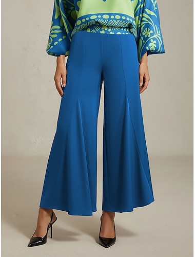 بنطلون نسائي واسع الساق أزرق من الساتان بخصر مطاطي مطوي فضفاض أنيق مناسب للربيع والصيف والخريف   بنطلون نسائي واسع الساق أزرق من الساتان بخصر مطاطي مطوي فضفاض أنيق مناسب للربيع والصيف والخريف