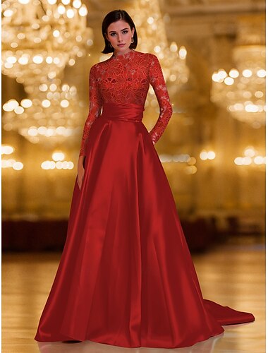  A-linja Hipaisulaahus Iltapuku Ball Gown Muodollinen mekko Tyylikäs Kimalteleva Silkkinen Pitkähihainen poolokaulus Muodollinen Häät Tasku Satiini Sametti kanssa Applikaatiot