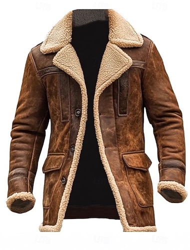  رجالي سترة من جلد الغزال الصناعي معطف شيرلينج سترة الصوف جاكيت ضد الرياح كاجوال / يومي جاكيت ضد الرياح جيب طوق من الصوف الشتاء لون الصلبة عتيق موضة Lapel عادية بني جاكتس