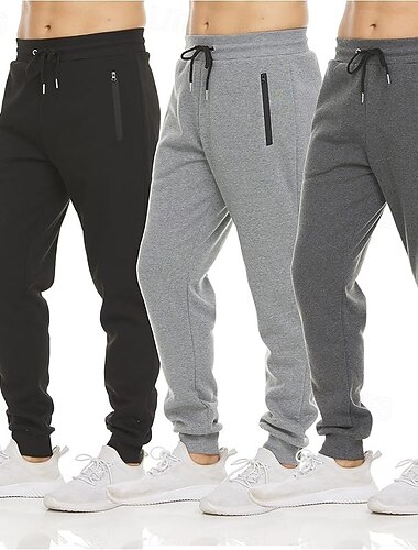  Комплект из 3 предметов: мужские спортивные штаны, флисовые штаны, брюки для бега, повседневные брюки, эластичный пояс на завязках, карман на молнии, однотонные, влагоотводящие, дышащие, полной длины,
