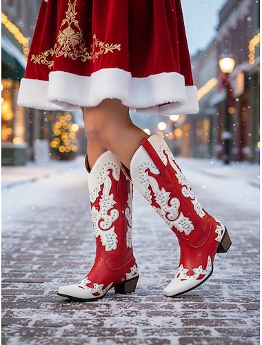  Botas vaqueras occidentales rojas y blancas para mujer con remaches para Navidad, botas de tacón cómodas para celebraciones navideñas y festividades invernales.