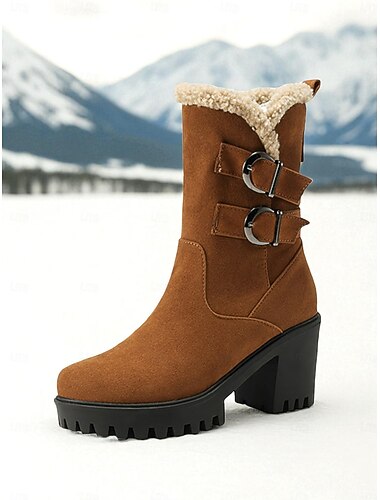  Γυναικεία κόκκινα σουέτ μποτάκια με χοντρό τακούνι, τελείωμα από ψεύτικη γούνα και αγκράφα - κομψές χειμερινές casual μπότες για υπαίθριες και χριστουγεννιάτικες εμφανίσεις