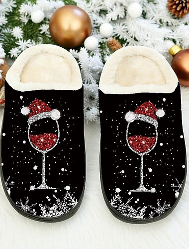  Γυναικείες χριστουγεννιάτικες παντόφλες σε ποτήρι κρασιού - ποτήρι κόκκινου κρασιού με σχέδιο καπέλου Άγιου Βασίλη, ζεστή επένδυση από τεχνητή γούνα, ιδανικές για χριστουγεννιάτικα πάρτι, χριστουγεννιάτικες γιορτές και χειμερινές χαλαρώσεις