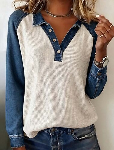 Dame Skjorte Bluse Fargeblokk Aktiv Fritid Langermet Skjortekrage Vanlige topper Daglig Ferie Ut på byen Lapper Knapper Hvit Høst Vinter   Dame Skjorte Bluse Fargeblokk Aktiv Fritid Langermet Skjortekrage Vanlige topper Daglig Ferie Ut på byen Lapper Knapper Hvit Høst Vinter