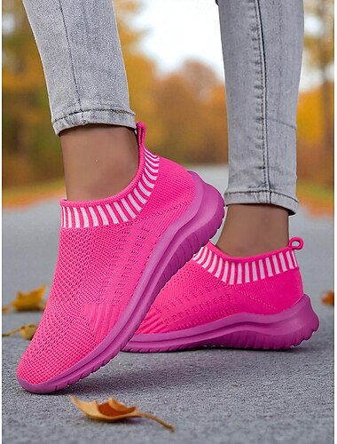  női rózsaszín flyknit bebújós cipők lélegző hálós felsőrésszel és csúszásgátló talppal, hétköznapi könnyű sétacipő futáshoz, utazáshoz &mindennapi viselet