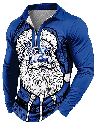  Święta Męskie Święty Mikołaj Gra polo Długi rękaw Koszulki polo Klapa Codzienny Święto Dzienne zużycie Strój festiwalowy Druk 3D Polo z zamkiem błyskawicznym Quarter Zip Wiosna Jesień Zima Czerwony