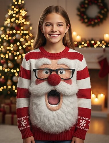 Новогодняя тематика Девочки 3D Дед Мороз Полоски Уродливый рождественский свитер Рождественский подарок Вязаная ткань Длинный рукав 3D печать Осень Зима Мода Для вечеринки Дети 4-12 лет   Новогодняя тематика Девочки 3D Дед Мороз Полоски Уродливый рождественский свитер Рождественский подарок Вязаная ткань Длинный рукав 3D печать Осень Зима Мода Для вечеринки Дети 4-12 лет