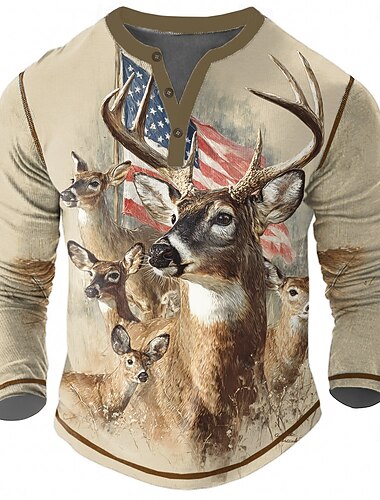  Miesten Yhdysvaltain Yhdysvaltain lippu Hirvet Henley-paita T-paidat Pitkähihainen Vintage Muoti Tyylikäs ulko- Kausaliteetti Päivittäin Syksy 봄 & Syksy teen ruskea Khaki Henley kaulus Henley Henley