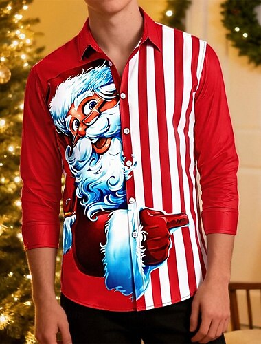  Święta Długie rękawy Koszula zapinana na guziki Święty Mikołaj Graficzny Zabawne Zabawny na Męskie Dla dorosłych Druk 3D  Do Święta Karnawał Nowy Rok Impreza
