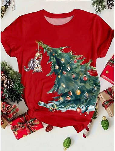  בגדי ריקוד נשים חולצה קצרה גראפי עץ חג המולד וינטאג' מסוגנן מודרני שרוולים קצרים צווארון עגול קצר חולצות רגילות יומי דפוס אודם סתיו חורף