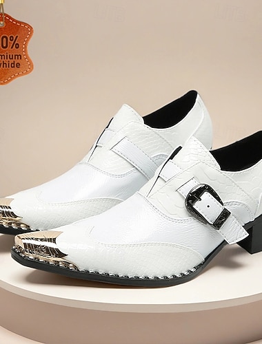  Herre hvite doble munkestropp-skinnssko med metalltåhette, formelle sko i 100 % kuskinn til bryllup, sceneshow og fester