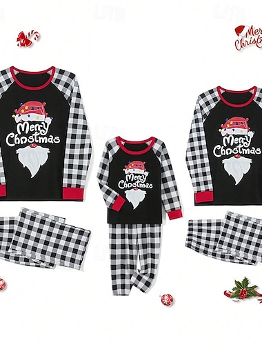  Familie-look Kerstmis Kerst Familie Pyjama Pyjama  Familie sets Grafisch Ruitjes Kerstman Huis Afdrukken Zwart Lange mouw Dagelijks Bijpassende outfits