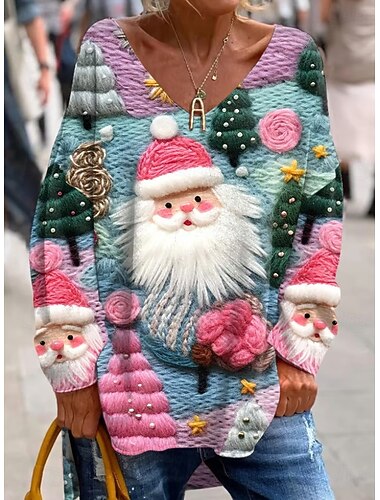  Jul Dame T skjorte Grafisk julenissen Jul Elegant Årgang Mote Langermet V-hals Vanlige topper Daglig Helg Trykt mønster Rosa Rød Grønn Vår Høst Vinter