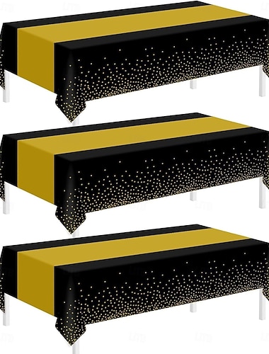  Nyårsaftonfestdekorationer i svart och guld med 3 delar engångsdukar – tjocka plastdukar för födelsedagsfest, middag, dessertbord, picknick &evenemangsdekoration