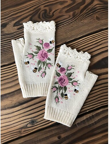  Julbroderade handskar för kvinnor – blommönster med bin, bomullstrådsmaterial, finns i flera färger, perfekta för vinterhelger och festliga tillfällen