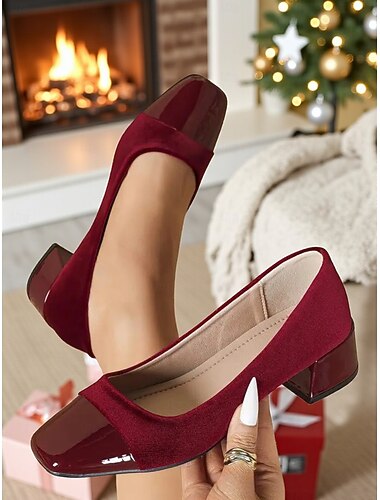 レディースの赤いパテントとベルベットのブロックヒールパンプス、スクエアトゥ、エレガントで快適、クリスマス、オフィスウェア、日常のイベントに最適   レディースの赤いパテントとベルベットのブロックヒールパンプス、スクエアトゥ、エレガントで快適、クリスマス、オフィスウェア、日常のイベントに最適