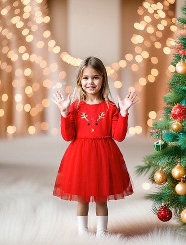 Enfants Fille Robe Noël Chaque manche longue Extérieur Cadeaux de Noël Maille Mode Mignon Polyester Mi-long Robe trapèze Robe en Tulle Printemps Automne 4 ans et + Rouge