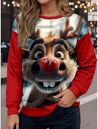  女性用 Pullover グラフィック 動物 クリスマス あたたか クラシック カジュアル 長袖 クルーネック レギュラートップス 家 ストリート 日常着 プリント ルビーレッド ブルー グリーン ダークブルー 秋 冬