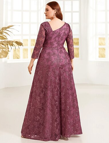  Linea ad A Lunghezza al pavimento Abito Formale Abito da sera Manica Lunga Scollo a V Elegante Vintage Lussuoso Tulle Poliestere Abito da cerimonia per signora con Paillettes Ricamo