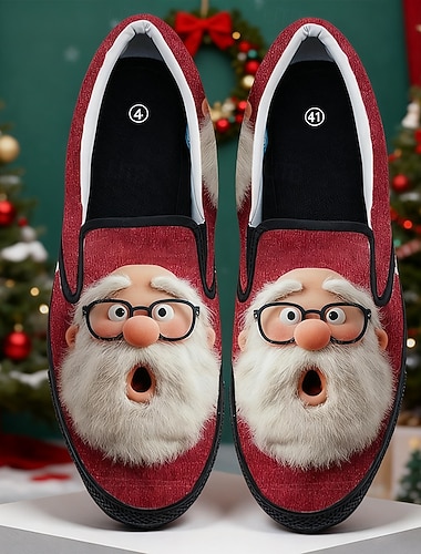  メンズ クリスマス サンタ グラフィック スリッポン シューズ - 楽しい 3D サンタ デザイン、心地よく快適、ホリデー パーティーやクリスマスのお祝いに最適