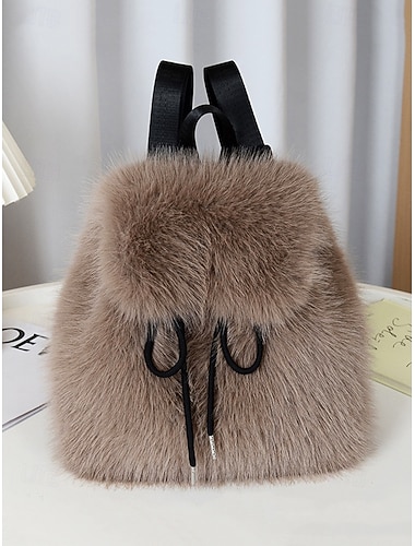  Женский рюкзак из искусственного меха, стильный рюкзак на завязках для повседневной носки, мягкий плюшевый материал, идеально подходит для повседневного использования и зимних нарядов.