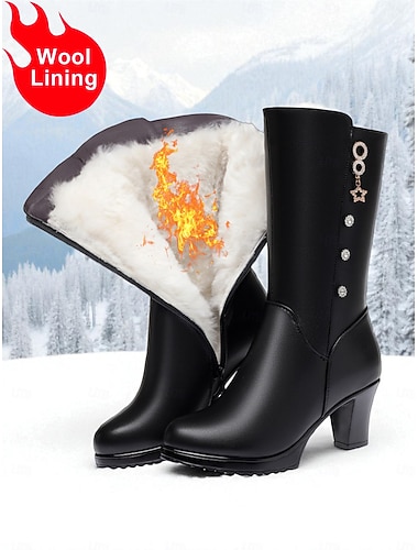 bottes d'hiver noires pour femmes avec doublure en laine pour plus de chaleur, fermeture éclair élégante et détail de charme, talon épais, parfaites pour le temps froid, Noël et les sorties décontractées   bottes d'hiver noires pour femmes avec doublure en laine pour plus de chaleur, fermeture éclair élégante et détail de charme, talon épais, parfaites pour le temps froid, Noël et les sorties décontractées