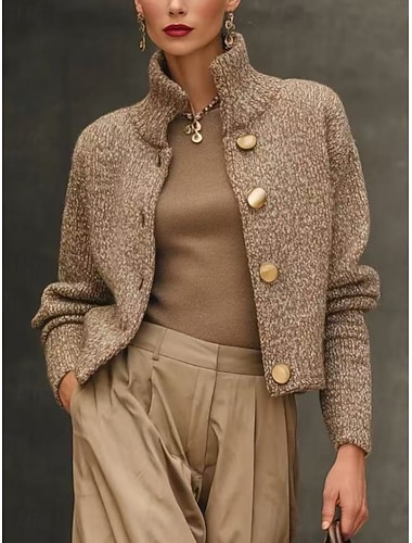  Női Pulóver Kardigán Elegáns Divat Utcai sikk Tiszta szín Körgallér Gombok Kötött Hosszú ujj Crop Tops Kötött Szabadtéri Napi Hétvége Teveszín Ősz Tél