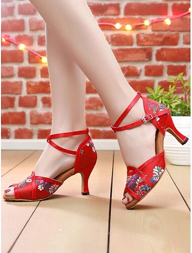  Women's Red Embroidered Peep Toe Dance Heels, Ethnic Floral Ankle Strap Shoes for Ballroom, Prom & Party Outfits