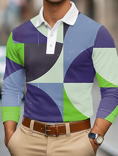  Bărbați Bloc Culoare Geometică Polo Manșon Lung Tricouri de polo Rever Casual În aer liber Îmbrăcăminte Atletică Purtare Zilnică Imprimare 3D Nasturi Primăvară Toamnă Iarnă Mov Trifoi