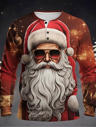  Муж. Новогодняя тематика Дед Мороз Рубашка Хенли Длинный рукав Мода Симпатичные Стиль Повседневные Повседневные Праздники На выход Зима Весна & осень Бордовый Хенли Футболка Хенли