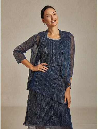  Dam Kvällstoppar Plisserad Multi lager Metallisk Ensfärgat Stylish Romantisk Bröllop 3/4 ärm Kvällsfest Bröllopsgäst Affärskläder Marinblå Sommar Vår Höst Vinter