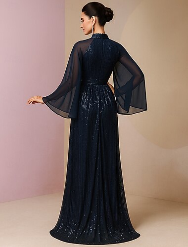 A-Lijn Vloerlange Bruilofts Gast Jurk Formele Jurken Avondjurk Moeder van de Bruid Jurk Lange Mouwen Hoge Hals Elegante Vintage Sprankel  Schijn Spandex met Pailletten