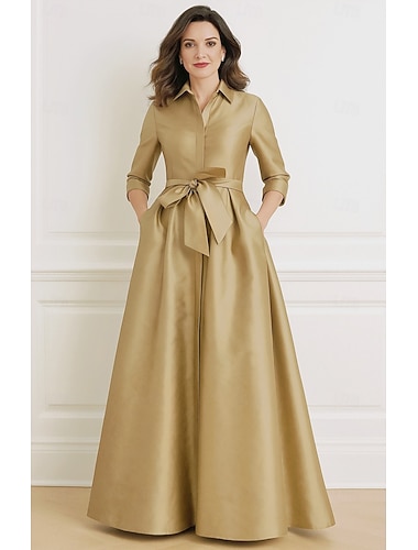 Vestido de Noiva Mãe A-Line Ouro Vestido Minimalista Formal Convidada de Casamento Comprimento do Chão Manga Curta Gola de Camisa Satin com Laço(s) Pregas   Vestido de Noiva Mãe A-Line Ouro Vestido Minimalista Formal Convidada de Casamento Comprimento do Chão Manga Curta Gola de Camisa Satin com Laço(s) Pregas