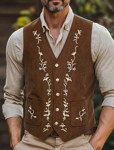  Муж. Вельветовый жилет Жилет Официальные Свадьба Отпуск Повседневные Мода Классика Весна Осень Карман Пуговицы Удобный Цветочные Однобортный крой V-образный вырез Лацкан Стандартный