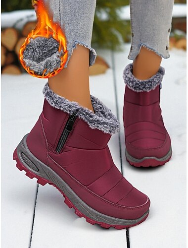 Women's Burgundy Waterproof Snow Boots with Faux Fur Lining and Side Zipper, Warm Winter Ankle Boots for Outdoor Walking & Hiking