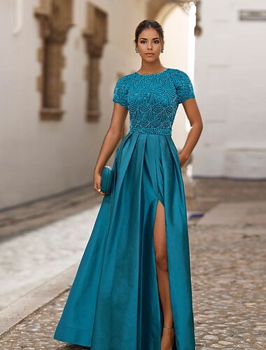  A-Linie Bodenlang Abendkleid Ballkleid Festliche Kleidung Elegant Vintage Glitzernd Kurzarm Juwelenhals Formell Tasche Satin mit Strass Glitzer Schlitz