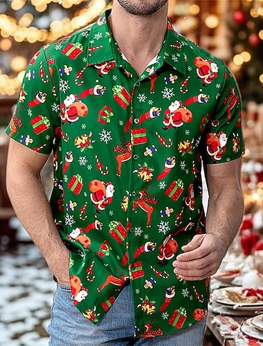  Święta Koszula zapinana na guziki Święty Mikołaj Graficzny Zabawne Zabawny na Męskie Dla dorosłych Druk 3D  Do Święta Karnawał Nowy Rok Impreza